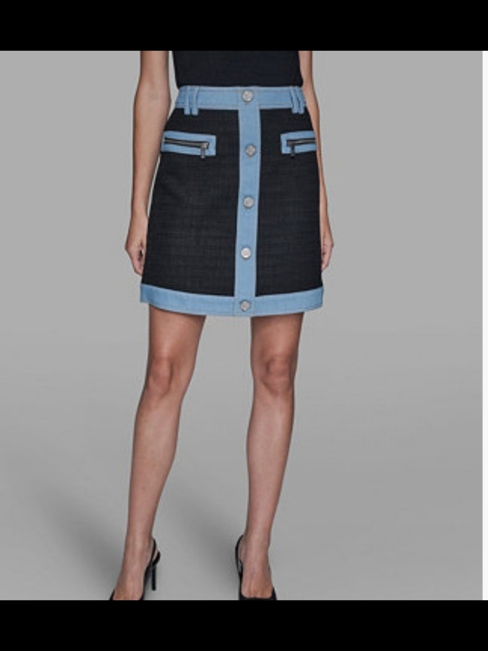 Karl Lagerfeld Black Mini Skirt with Light Blue Trim and Buttons
